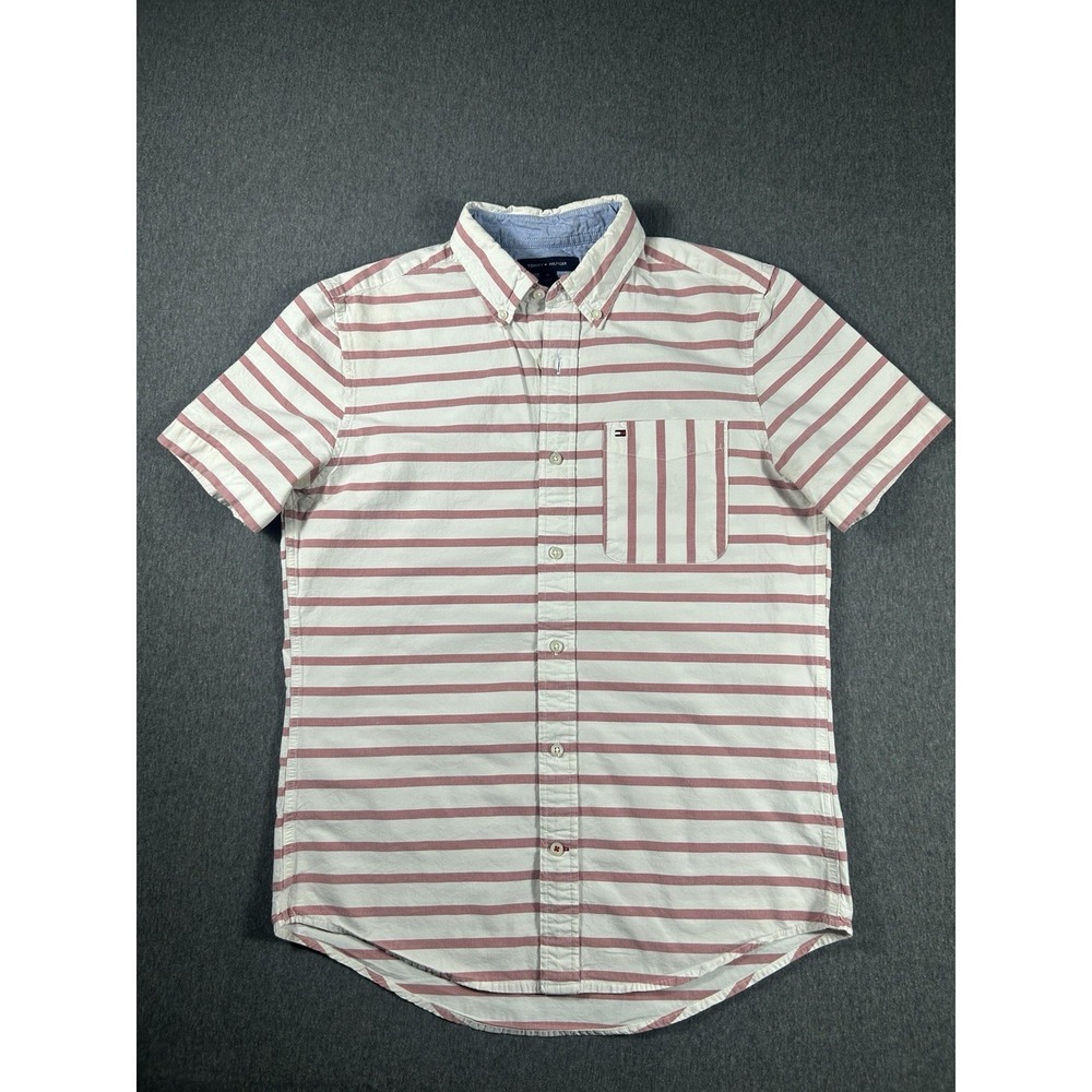 Tommy Hilfiger Men's Regular Fit Stretch Short Sleeve Striped Button Down Size M